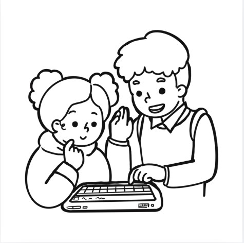 black and white graphic of adult showing child AAC device